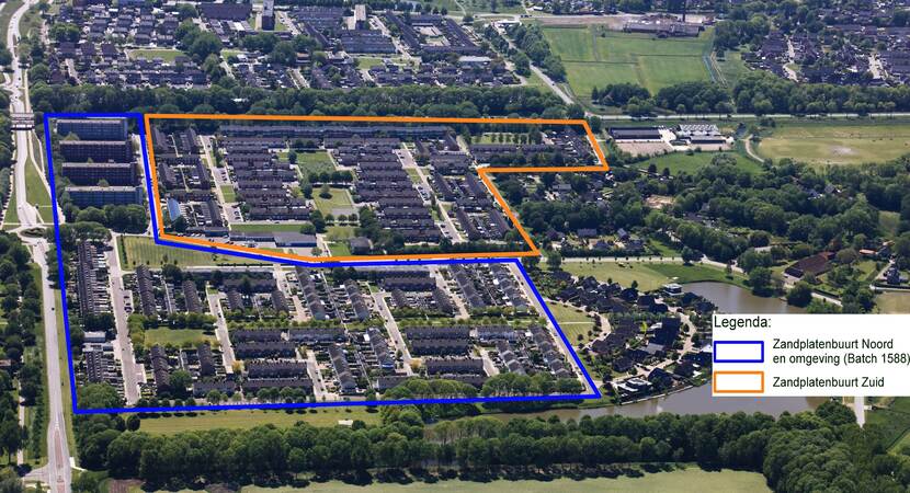 Luchtfoto met daarop de contouren van Zandplaten-Noord en Zandplaten-Zuid aangegeven